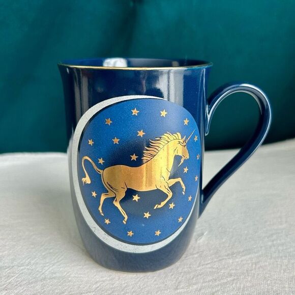 Otagiri Unicorn Crescent Moon and Stars Gold Blue Vintage Coffee Cup Japan - Picture 1 of 6